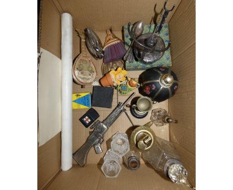 A box of miscellaneous. Including novelty lighters, glass vases, Kingston-Upon-Hull posters, a selection of prints, silver to