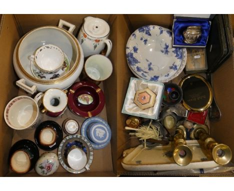 A box of china including tankard, Wedgwood, Worcester coffee cup and saucer, Worcester ware tankard, Sherry teapot etc togeth