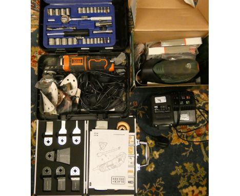 A Bosch cordless multi-sander together with a Black &amp; Decker electric multi tool, together with boxed accessories, a span