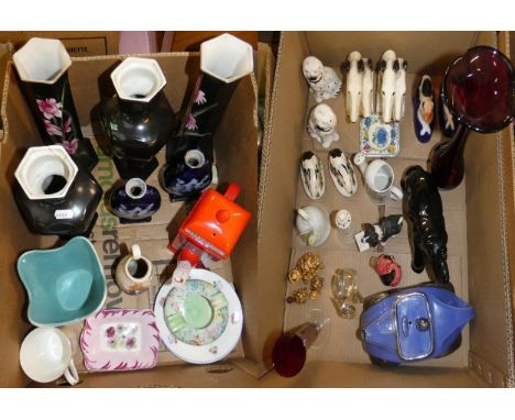 Two boxes of china and glass. Including a pair of Midwinter vases, novelty teapots, ashtray, glass vases, pair of greyhound i