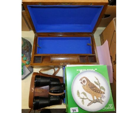 An Edwardian writing slope, cased pair of "The Wray" binoculars, five Goebel collector plates.