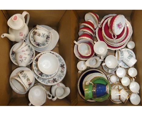A Royal Doulton Pillar Rose pattern tea service for five place settings including tea pot and a Royal Doulton Camelot pattern