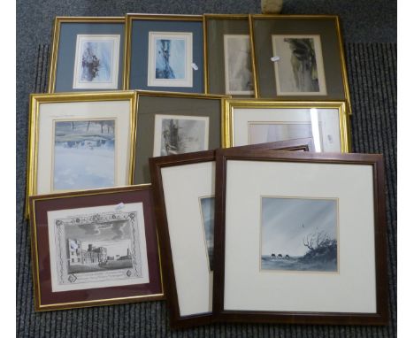 A pair of Ashley Jackson watercolours together with several gilt framed prints