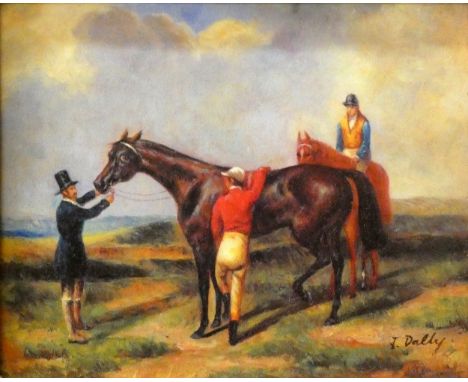 A gilt framed oleograph, signed by J Dalby, of a jockey mounting a racehorse with mounted jockey in background.