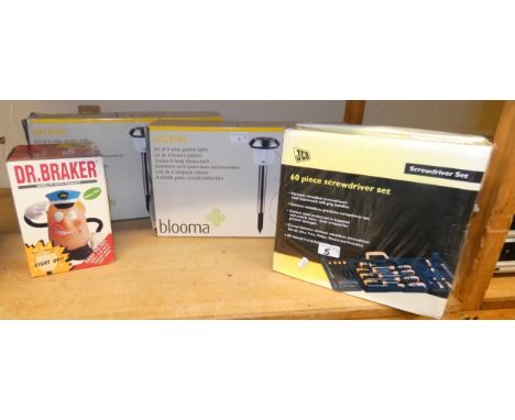 Two boxed 60 piece screwdriver sets (unopened) together with two sets of solar garden lights and a DrBraker novelty auto prod