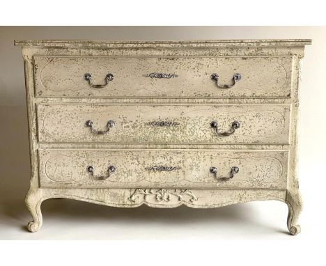 COMMODE, French Louis XV style distressed grey painted with three long drawers, 115cm x 80cm H x 51cm. 