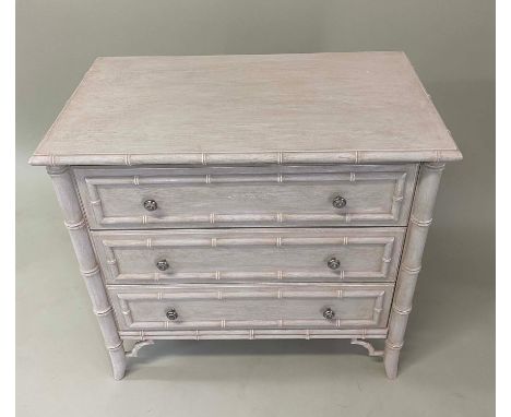 BAMBOO COMMODE, French style faux bamboo and grey painted with three long drawers, 86cm x 49cm x 84cm H. 