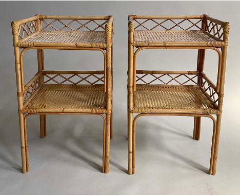 LAMP TABLES, a pair, bamboo framed, wicker panelled and cane bound, each two tier, 40cm x 35cm x 68cm H. (2) 