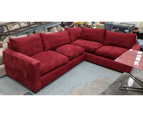 CORNER SOFA, 296cm x 240cm, red suede upholstery. 