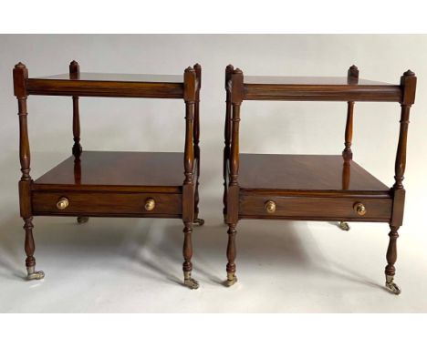 LAMP TABLES, a pair, George III design flame mahogany each with two tiers and a drawer, 46cm x 46cm x 60cm H. (2) 