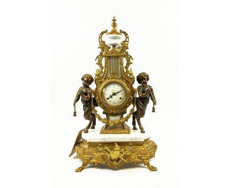 MANTLE CLOCK, Louis XVI style, Italian made with Frantz Hermle German movement, goat feet putti with tassel swag cockerel mas