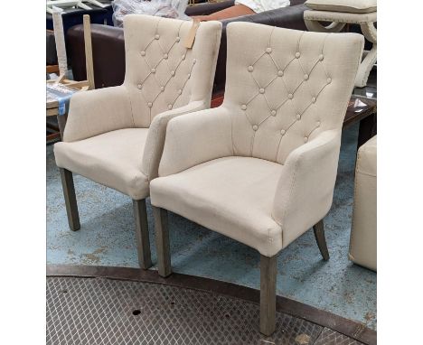 ARMCHAIRS, a pair, 98cm H, neutral button back upholstered. (2) 