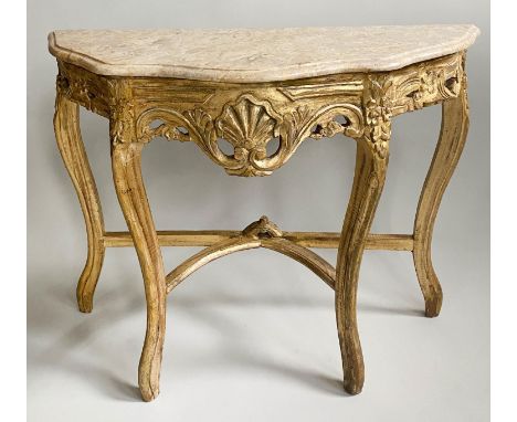 CONSOLE TABLE, French style giltwood with serpentine marble top, 100cm x 34cm x 80cm H. 