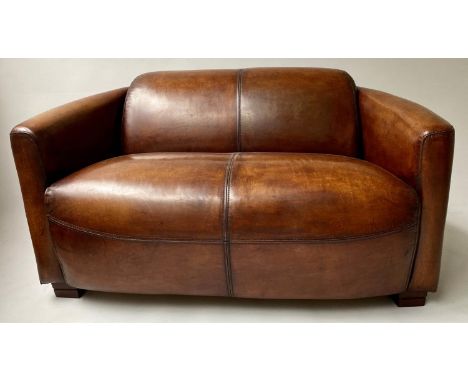 SOFA, natural tan leather, with shaped arms, 123cm W. 