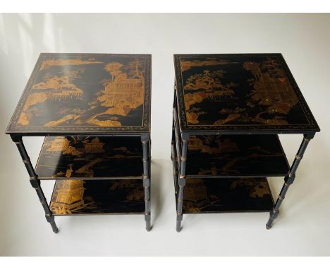 LAMP TABLES, a pair, 45cm sq. x 67cm H, Regency style, lacquered and gilt Chinoiserie decorated, with three tiers. (2) 