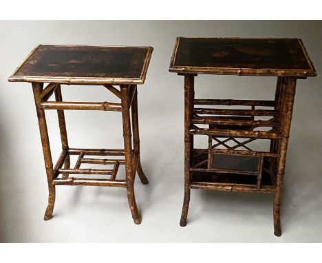 OCCASIONAL/LAMP TABLES, 19th century bamboo framed and lacquer panelled with a rack  54cm x 38cm x 78cm H and another table w