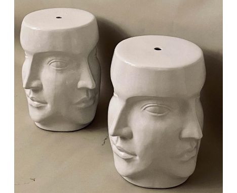 SURREALIST BARREL STOOLS, a pair, glazed ceramic, 44cm x 38cm. (2) 