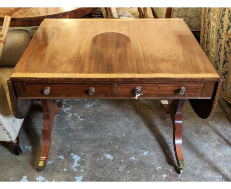 SOFA TABLE, 92cm W x 73cm H x 66cm D, Regency mahogany with inlaid border with two drawers and dummy drawers to verso. 