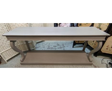 CONSOLE TABLE, 48cm D x 84cm H x 180cm, in a grey painted distress finish. 