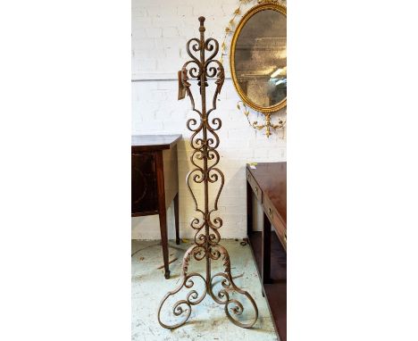 STANDING LAMP, 57cm H, early 20th century wrought iron, a similar five light chandelier, 54cm W x 53cm H excluding chain and 