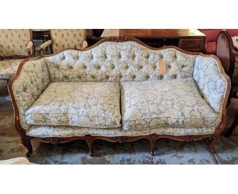 SOFA, French style carved show frame with buttoned back floral upholstery, 173cm W x 72cm D x 91cm H. 