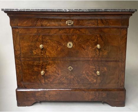 COMMODE, 115cm W x 55cm D x 94cm H, 19th century French, Louis Philippe burr walnut with St Anne's marble top above three lon