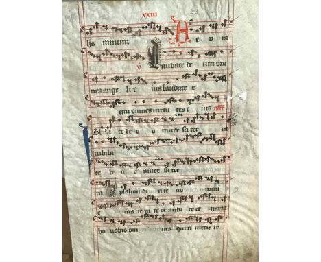 folio, 10 lines of manuscript text with musical notation, possibly from a Psalm, double glazed, 39 x 28cm