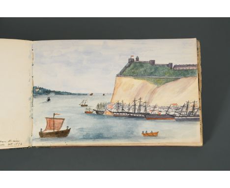 A small cloth bound sketch book comprising thirty-eight drawings and watercolours depicting views of Canada and The United St