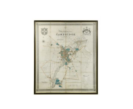 New Map of the University and Town of Cambridge, dissected hand coloured large scale engraved plan of Cambridge, 1830, publis