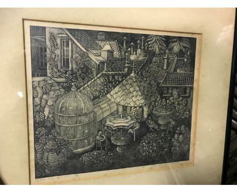 ‘The Tea Garden’, wood engraving, signed and numbered 3/50 in pencil to lower margin, in original ebonised frame.
