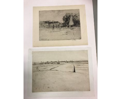 Collection of five unframed etchings, signed, including 'On the Banks of the Bure', 'Rough Weather at Blatchington', and 'Lan