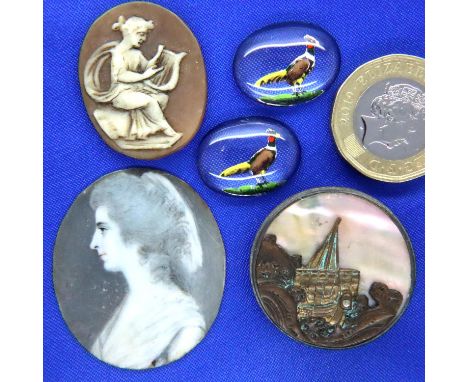 Two painted glass intaglio stones, miniature portrait on ivory, cameo and a vintage buttonhole. P&amp;P Group 1 (£14+VAT for 