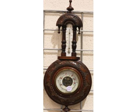 Ornate carved mahogany barometer thermometer, L: 44 cm. Not available for in-house P&amp;P, contact Paul O'Hea at Mailboxes o