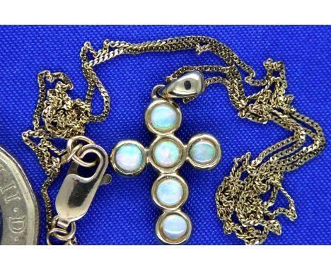 9ct gold and opal cross and neck chain, chain L: 66 cm, combined 2.7g. P&amp;P Group 1 (£14+VAT for the first lot and £1+VAT 