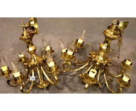 Two large brass ceiling six branch light fittings, L: 53 cm excluding fittings. Not available for in-house P&P, contact Paul 