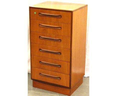 Teak vintage chest of six drawers, 56 x 45 105 cm H. Some surface scratches to top, drawers open properly. Not available for 