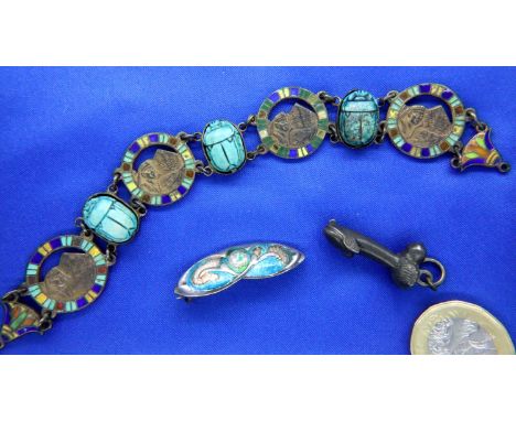 Silver and enamel brooch, phallic pendant and an enamelled bracelet. P&amp;P Group 1 (£14+VAT for the first lot and £1+VAT fo