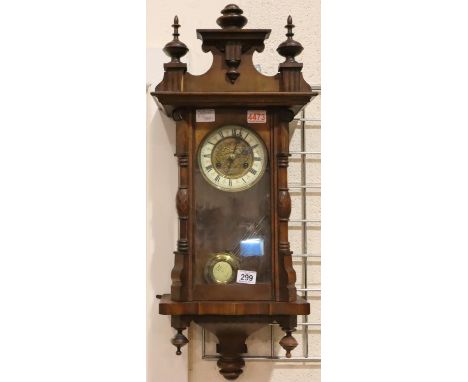 Enamel and brass face chiming wall clock with key and pendulum, L: 78 cm. Not available for in-house P&amp;P, contact Paul O'