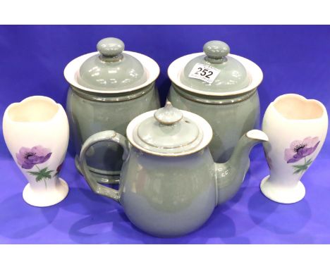 Denby teapot, two Denby jars and two Radford vases. No cracks, chips or visible restoration but some crazing to vases. Not av