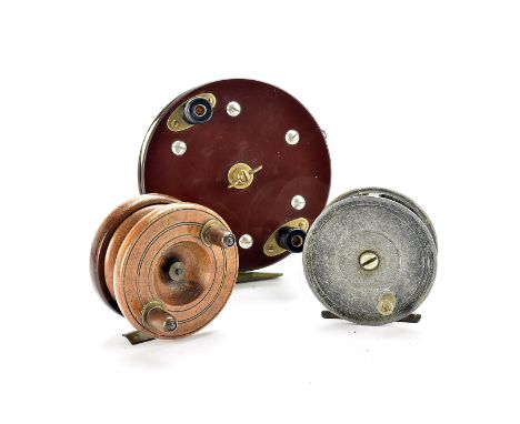 Angling Equipment, a group of three vintage reels including a A&N ( Army & Navy) stores fly reel, wood and brass star back ty