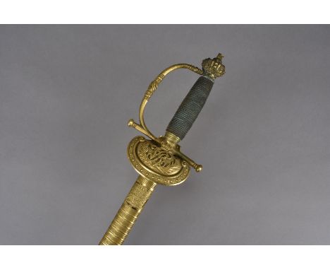 A Victorian Army Officer's Dress sword, having crown pommel, with thin hand guard, wire twist handle, leading to VR cipher, w