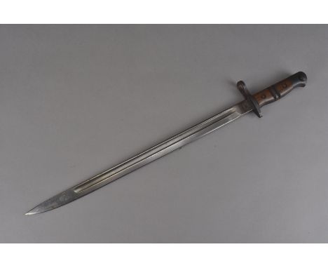 A British 1913 pattern sword bayonet by Remington, marked with broad arrow above crown and 7A, with wooden having with two pa