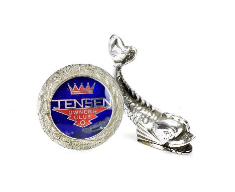 Motoring, a Jensen Owners Club, circular grill badge with blue enamel centre, red under flash, laurel leaf surround and mount