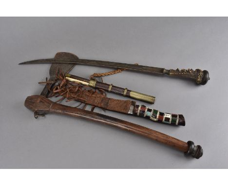 An interesting antler handled short sword, together with a an African tribal axe, a Japanese travelling eating set, plus anot