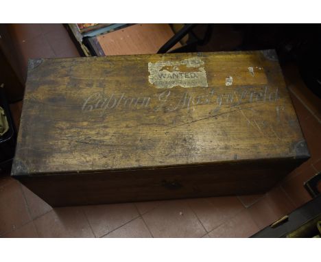 A Captain's pine trunk, having his name to the lid, 'Captain G Mostyn Field', who served in the Royal Navy  