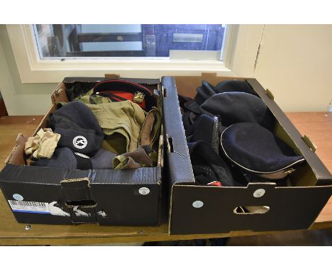 A collection of British caps and hats, various ages, comprising RAF, Naval and Army, including peak caps, berets and side cap