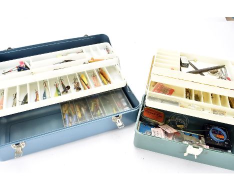 Angling Equipment, a metal cantilever tackle box with a good quantity of minnow lures, various types and sizes together with 