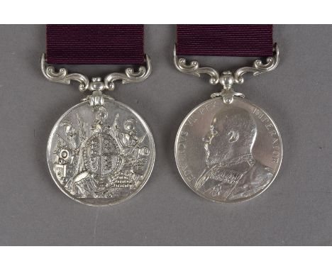 An Edward VII Army Long Service and Good Conduct medal, awarded to 55230 GNR.E.EAGLE. R.G.A, together with another example wi