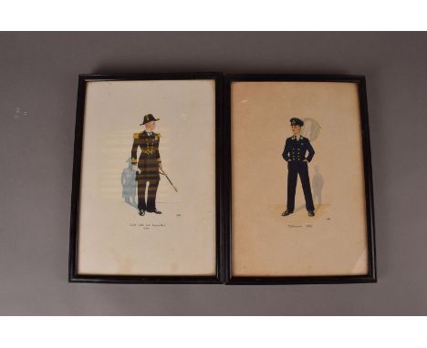 A group of 12 fine Naval uniform watercolours, depicting various uniforms, including Surgeon Commander Mess Dress 1930, Frock