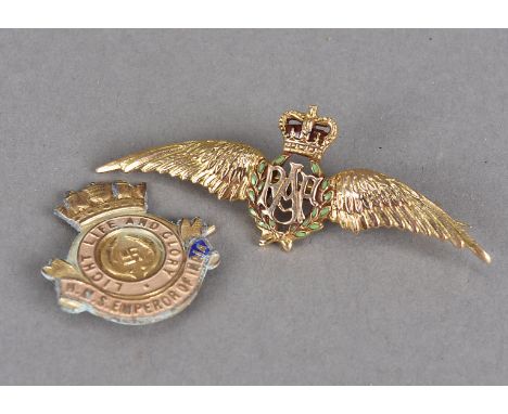 A 9ct gold RAF Sweetheart brooch, together with a 9ct gold H.M.S Emperor of Indian badge, missing enamel, approx 7.7g 
